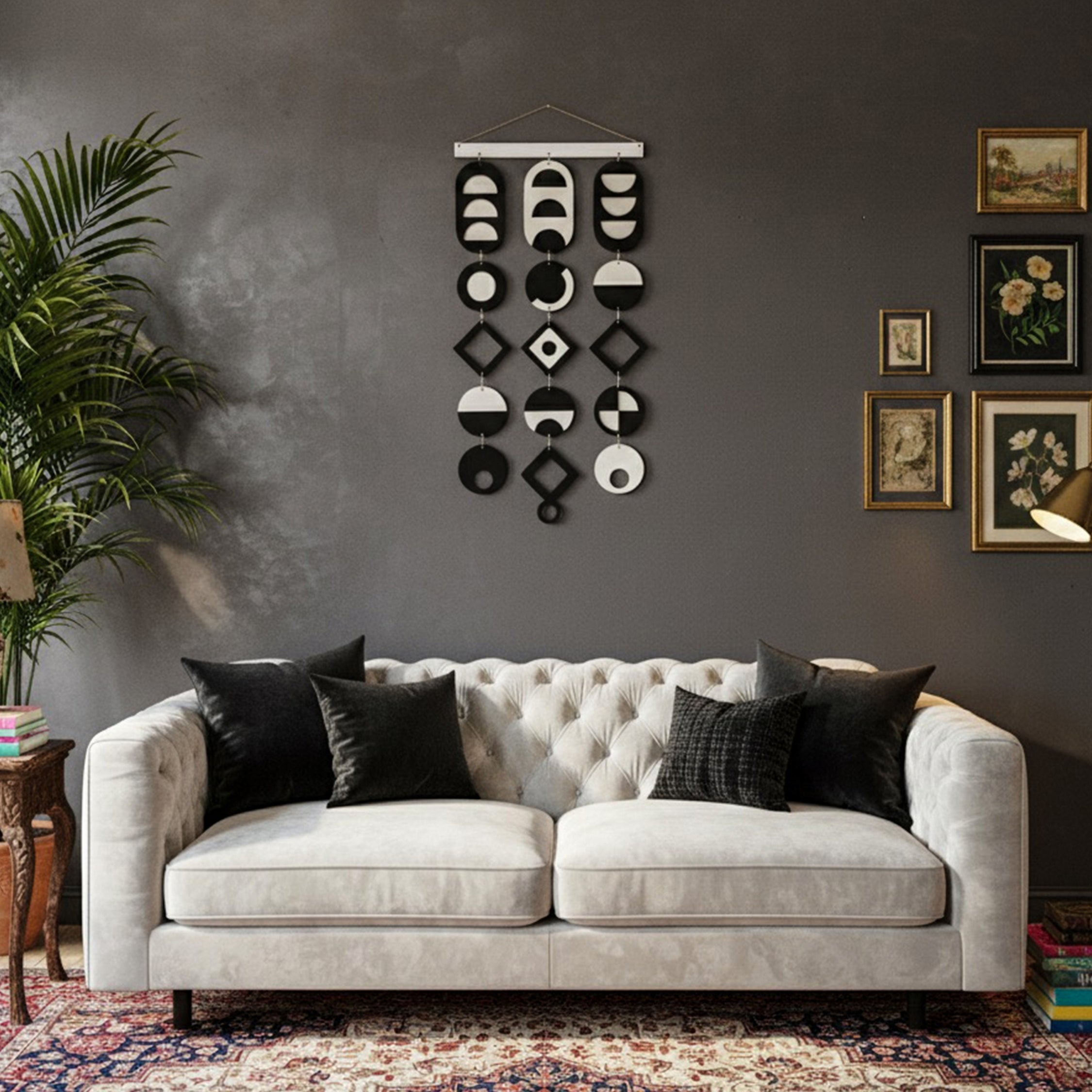 Siyah Beyaz geometrik duvar dekoru – el yapımı, doğal huş kontrplak