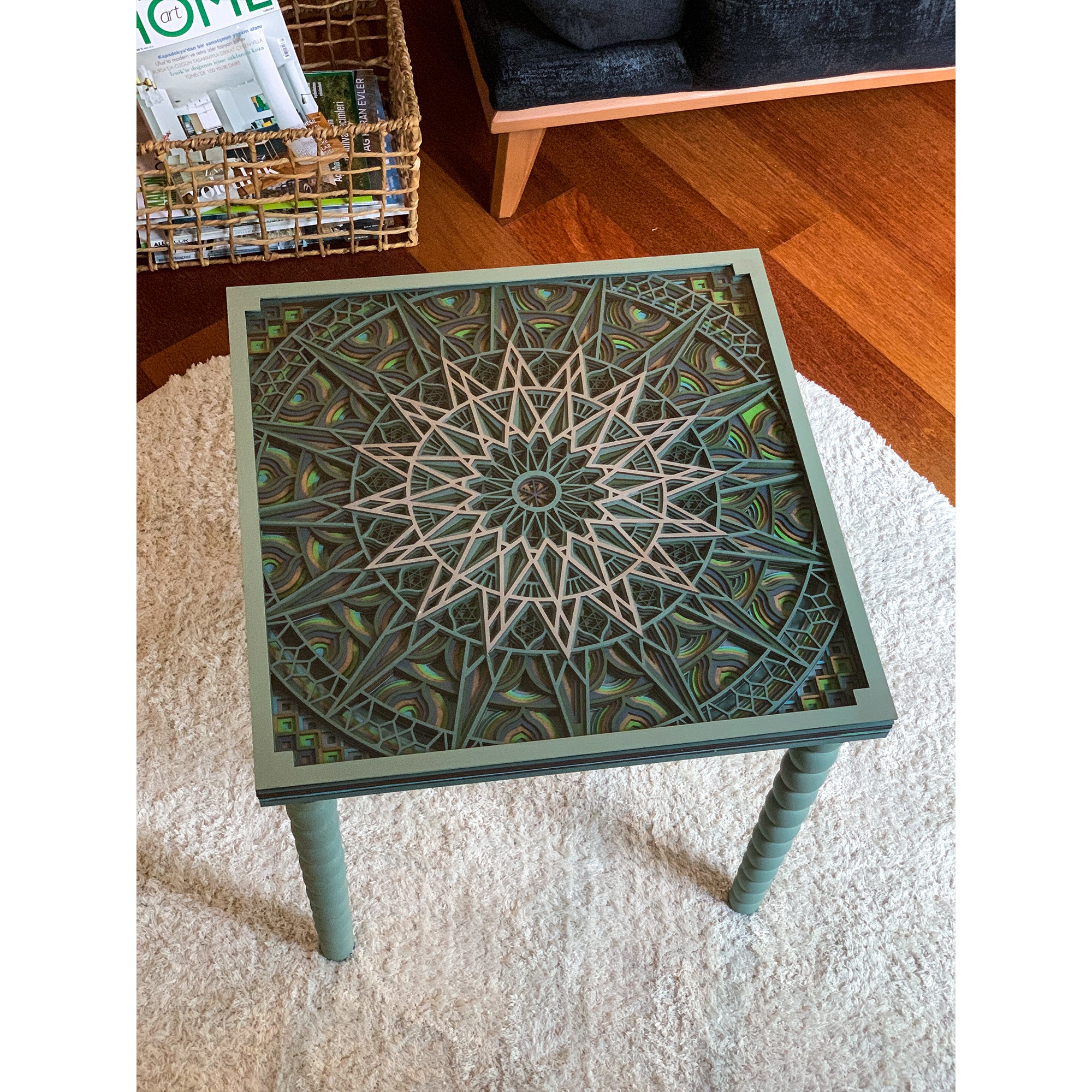 El Yapımı 3D Mandala Yan Sehpa – Mavi