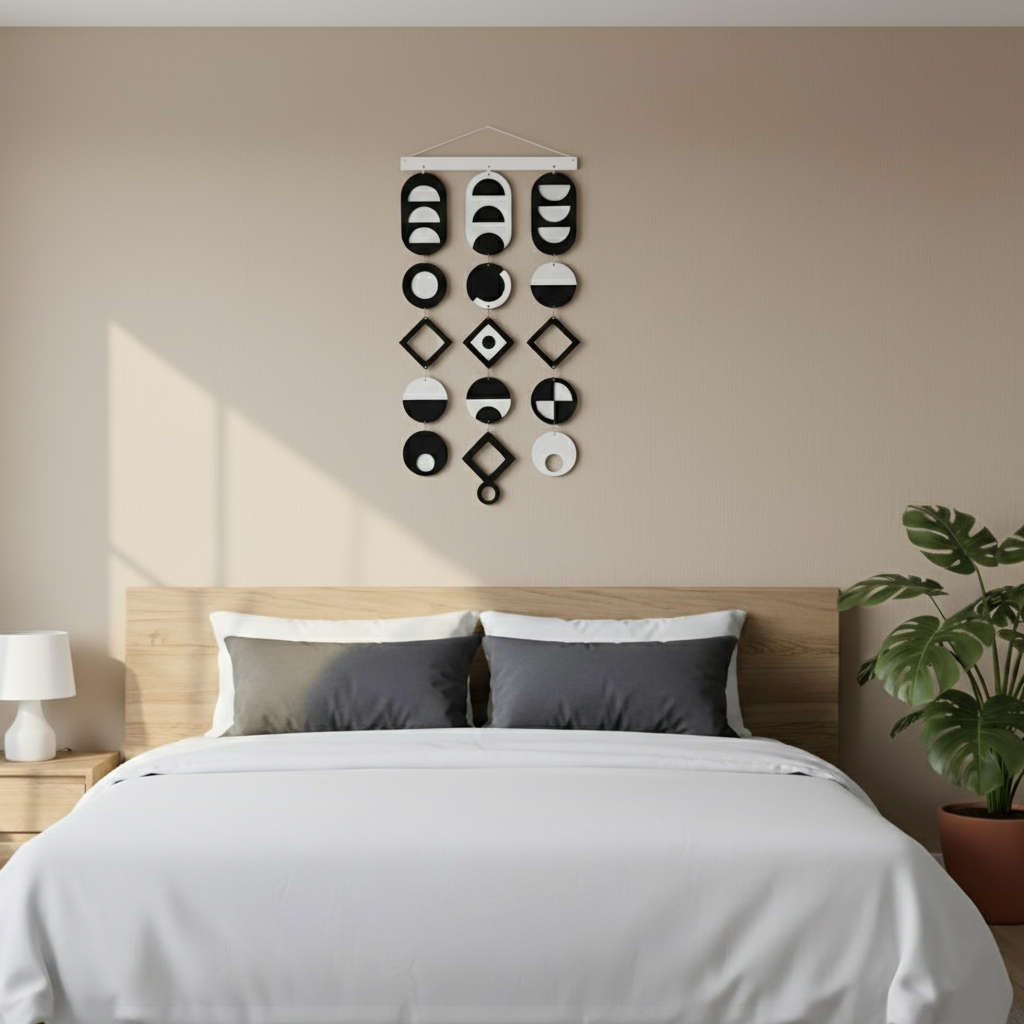 Siyah Beyaz geometrik duvar dekoru – el yapımı, doğal huş kontrplak