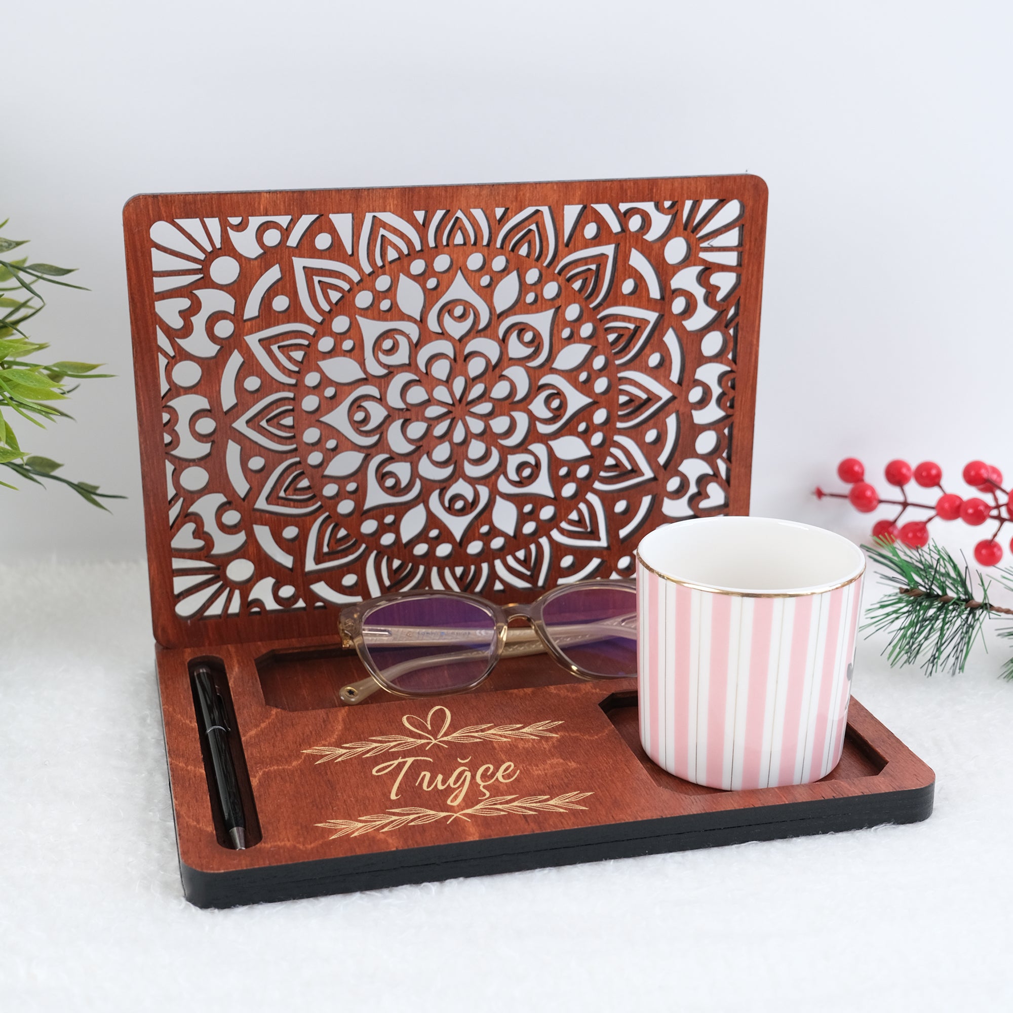 Kişiselleştirilebilir Ahşap Masaüstü Düzenleyici | Kitap Ayracı & Bardak Altlıklı Organizer