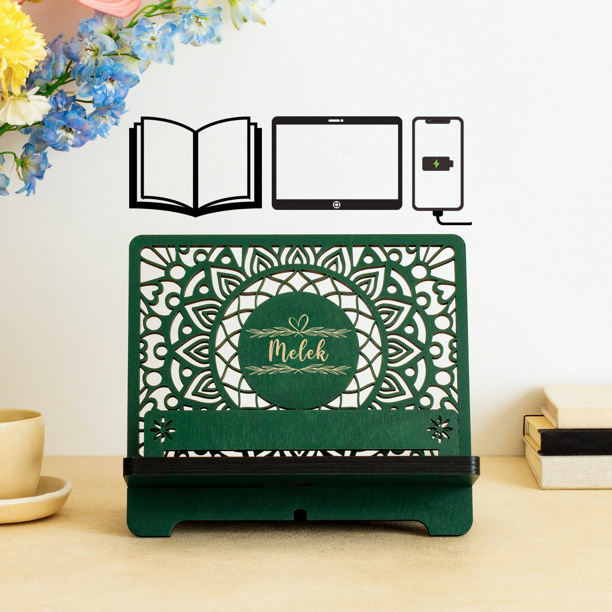 Venocci Kişiye Özel Ahşap Kitap Okuma, Telefon ve Tablet Standı, Masaüstü Düzenleyici