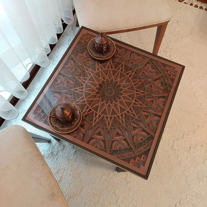 El Yapımı 3D Mandala Yan Sehpa 48×50 cm – Modern Dekoratif Sehpa_Bordo