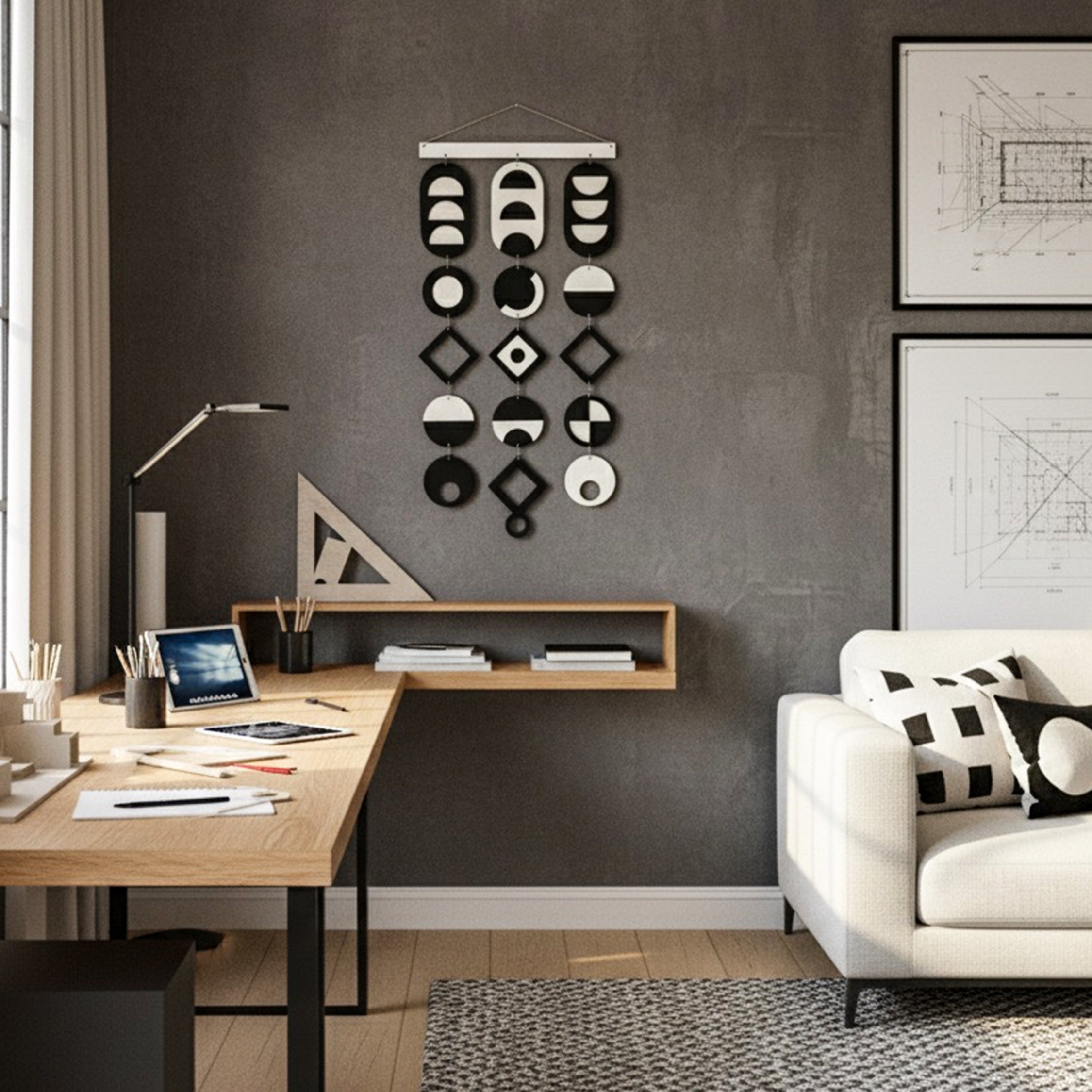 Siyah Beyaz geometrik duvar dekoru – el yapımı, doğal huş kontrplak