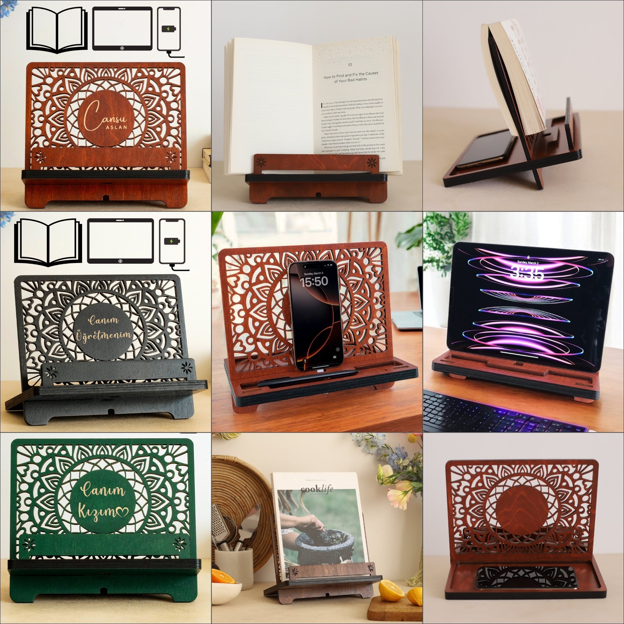 Venocci Kişiye Özel Ahşap Kitap Okuma, Telefon ve Tablet Standı, Masaüstü Düzenleyici