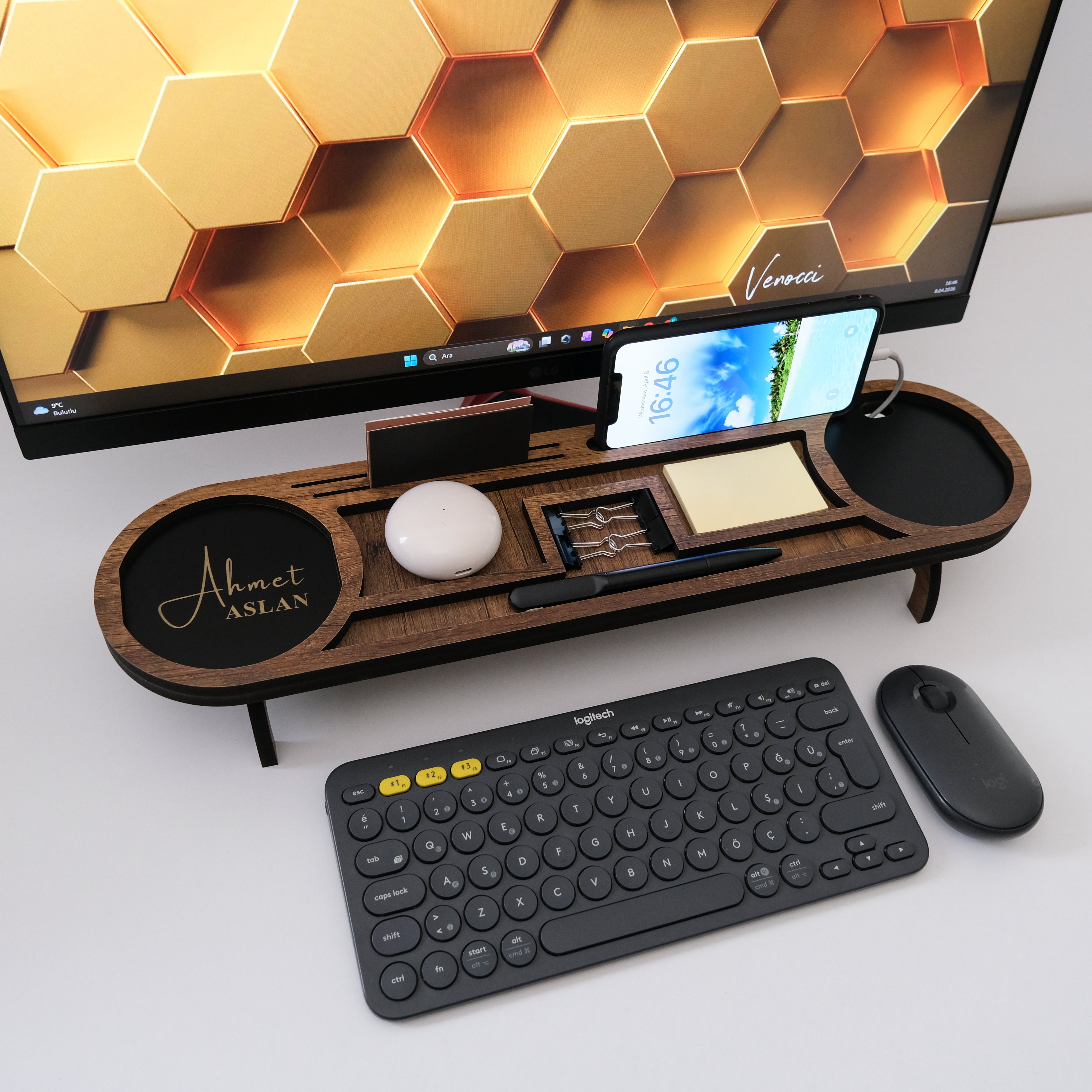 Kurumsal & Kişiye özel Hediye Ahşap Masaüstü Oval Organizer