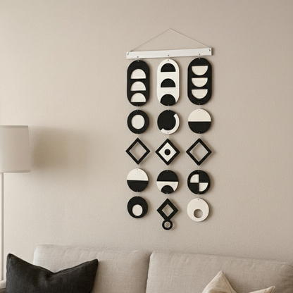 Siyah Beyaz geometrik duvar dekoru – el yapımı, doğal huş kontrplak