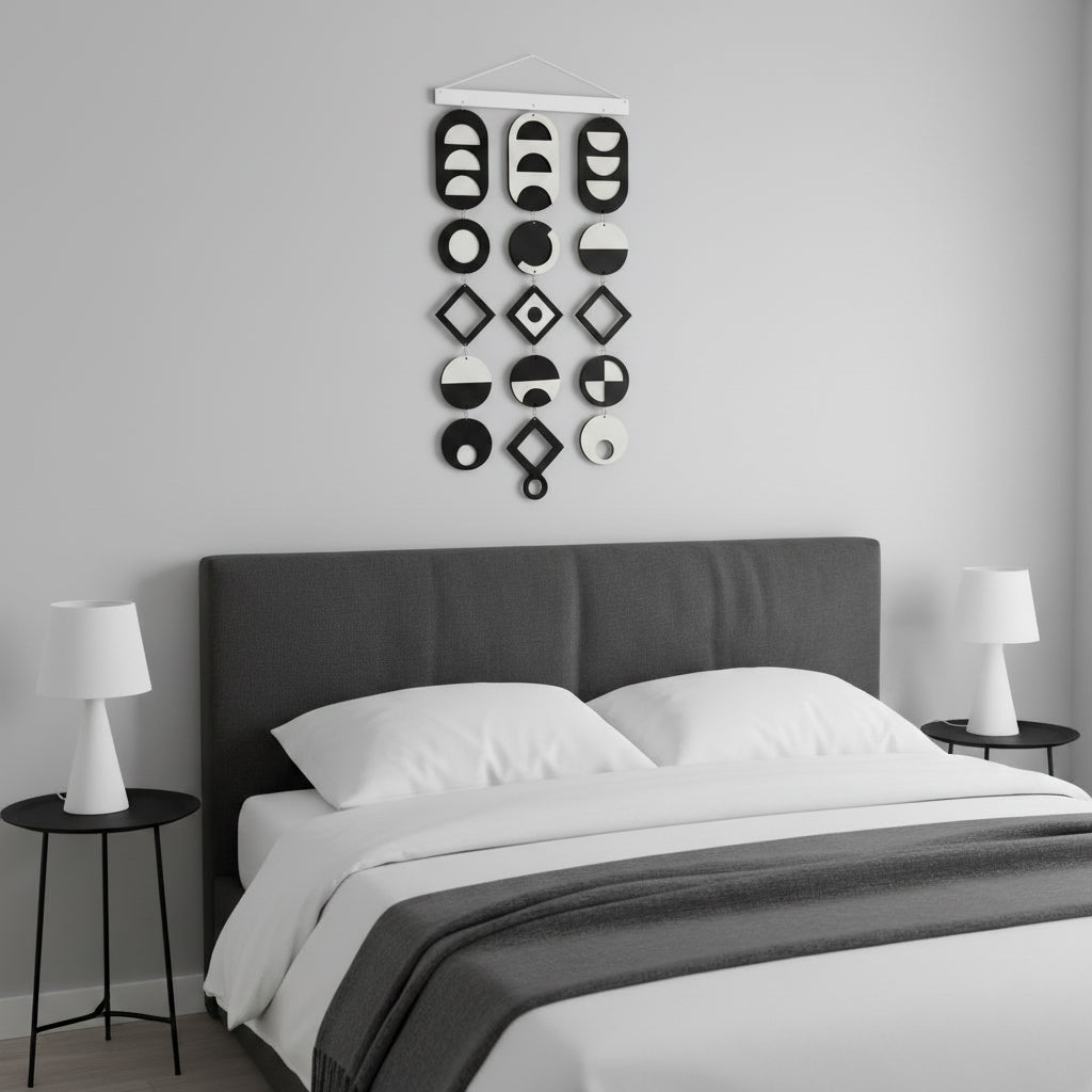 Siyah Beyaz geometrik duvar dekoru – el yapımı, doğal huş kontrplak