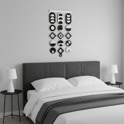 Siyah Beyaz geometrik duvar dekoru – el yapımı, doğal huş kontrplak