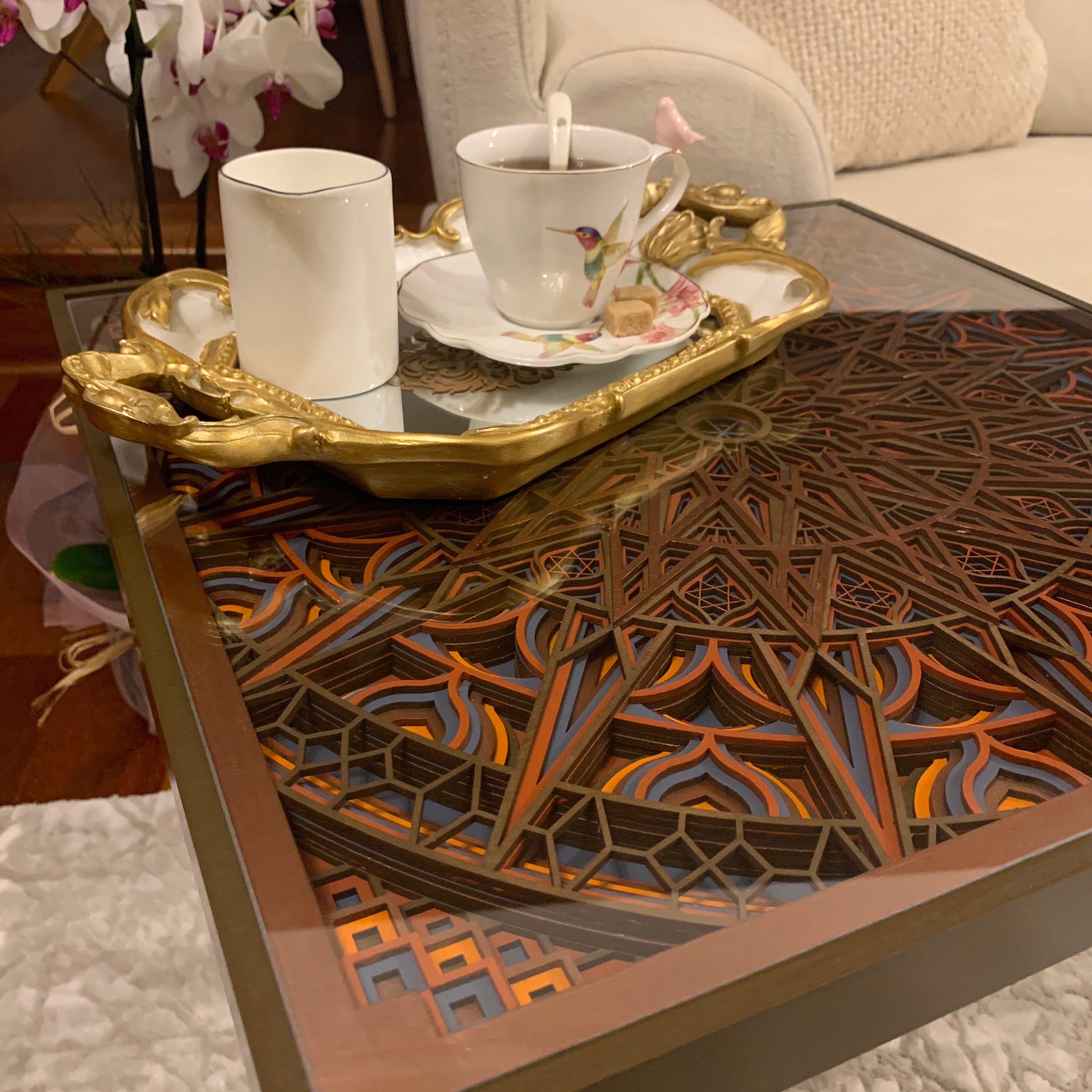 El Yapımı 3D Mandala Yan Sehpa 48×50 cm – Modern Dekoratif Sehpa_Bordo