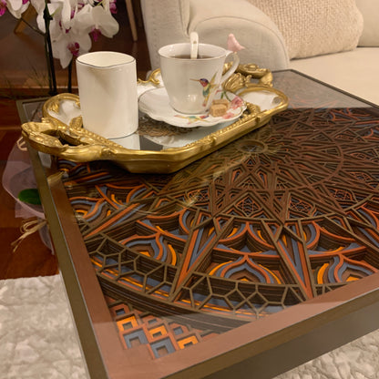 El Yapımı 3D Mandala Yan Sehpa 48×50 cm – Modern Dekoratif Sehpa_Bordo