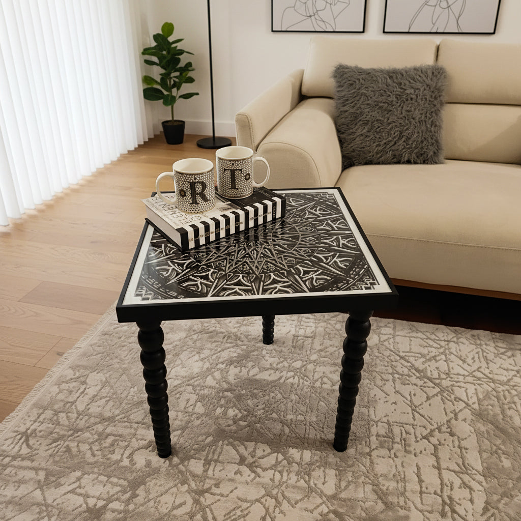 El Yapımı 3D Mandala Yan Sehpa 48×50 cm – Modern Dekoratif Sehpa