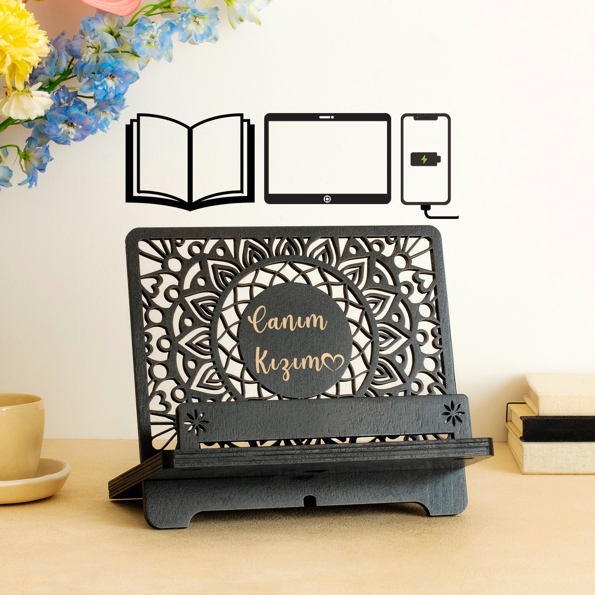 Venocci Kişiye Özel Ahşap Kitap Okuma, Telefon ve Tablet Standı, Masaüstü Düzenleyici