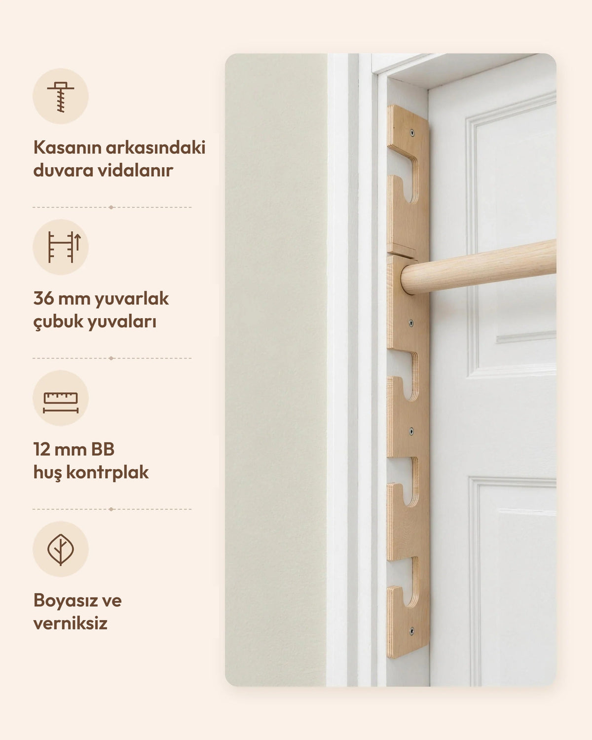 Montaj ve malzeme: kasanın arkasındaki duvara vidalanır, 36 mm yuvarlak çubuk yuvaları, 12 mm BB huş kontrplak, boyasız ve verniksiz