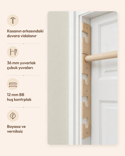 Montaj ve malzeme: kasanın arkasındaki duvara vidalanır, 36 mm yuvarlak çubuk yuvaları, 12 mm BB huş kontrplak, boyasız ve verniksiz
