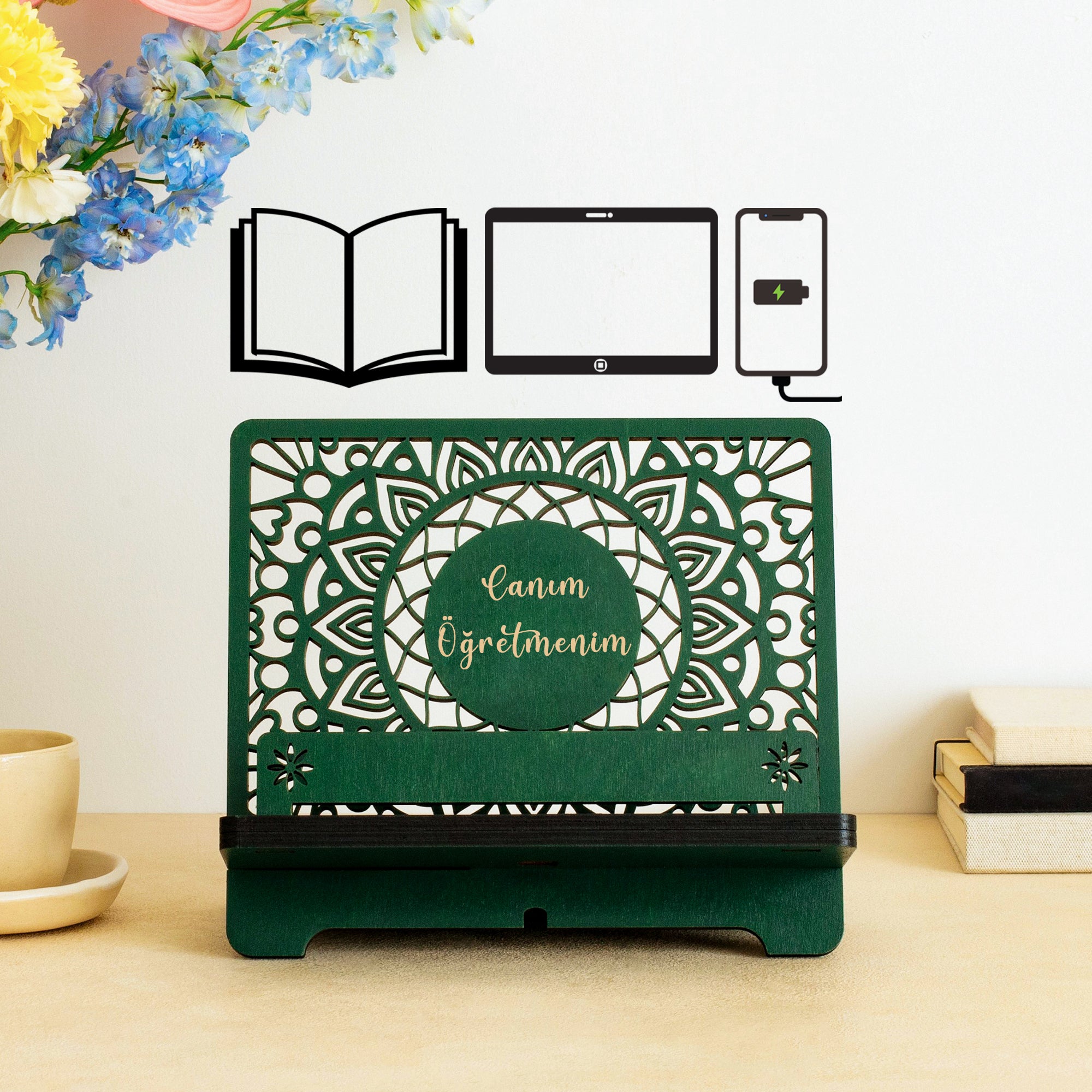 Venocci Kişiye Özel Ahşap Kitap Okuma, Telefon ve Tablet Standı, Masaüstü Düzenleyici