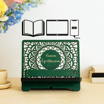 Venocci Kişiye Özel Ahşap Kitap Okuma, Telefon ve Tablet Standı, Masaüstü Düzenleyici