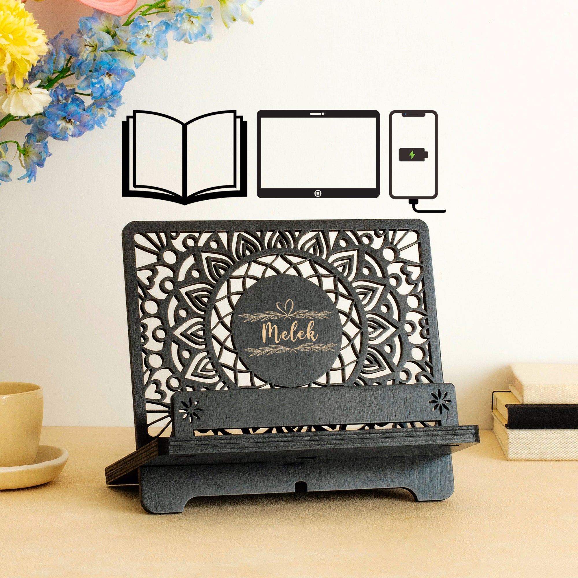 Venocci Kişiye Özel Ahşap Kitap Okuma, Telefon ve Tablet Standı, Masaüstü Düzenleyici