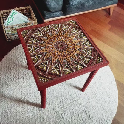 El Yapımı 3D Mandala Yan Sehpa I Kırmızı