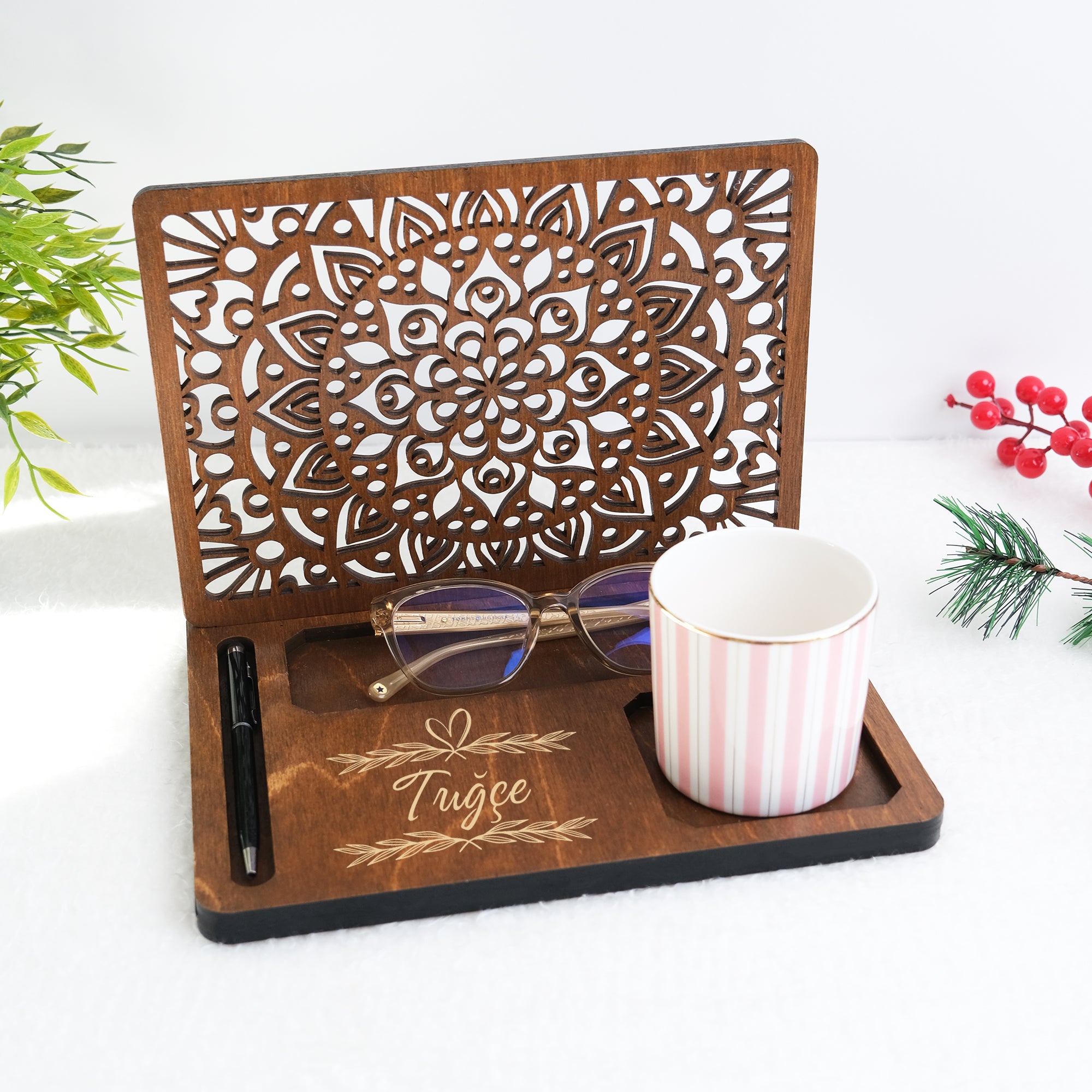 Kişiselleştirilebilir Ahşap Masaüstü Düzenleyici | Kitap Ayracı & Bardak Altlıklı Organizer