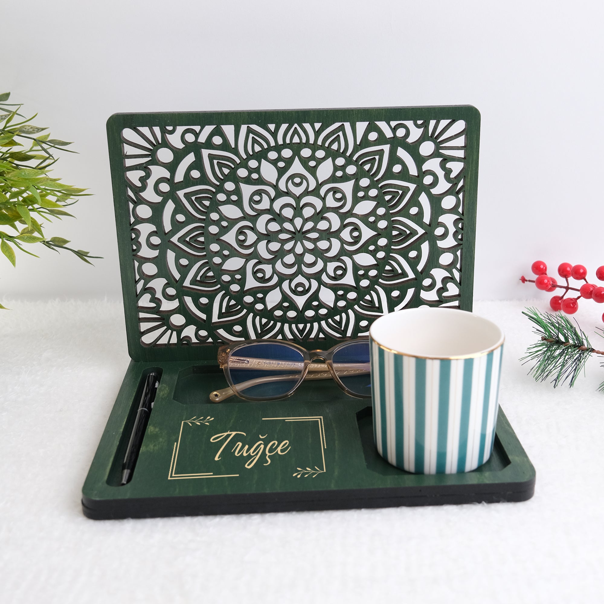 Kişiselleştirilebilir Ahşap Masaüstü Düzenleyici | Kitap Ayracı & Bardak Altlıklı Organizer